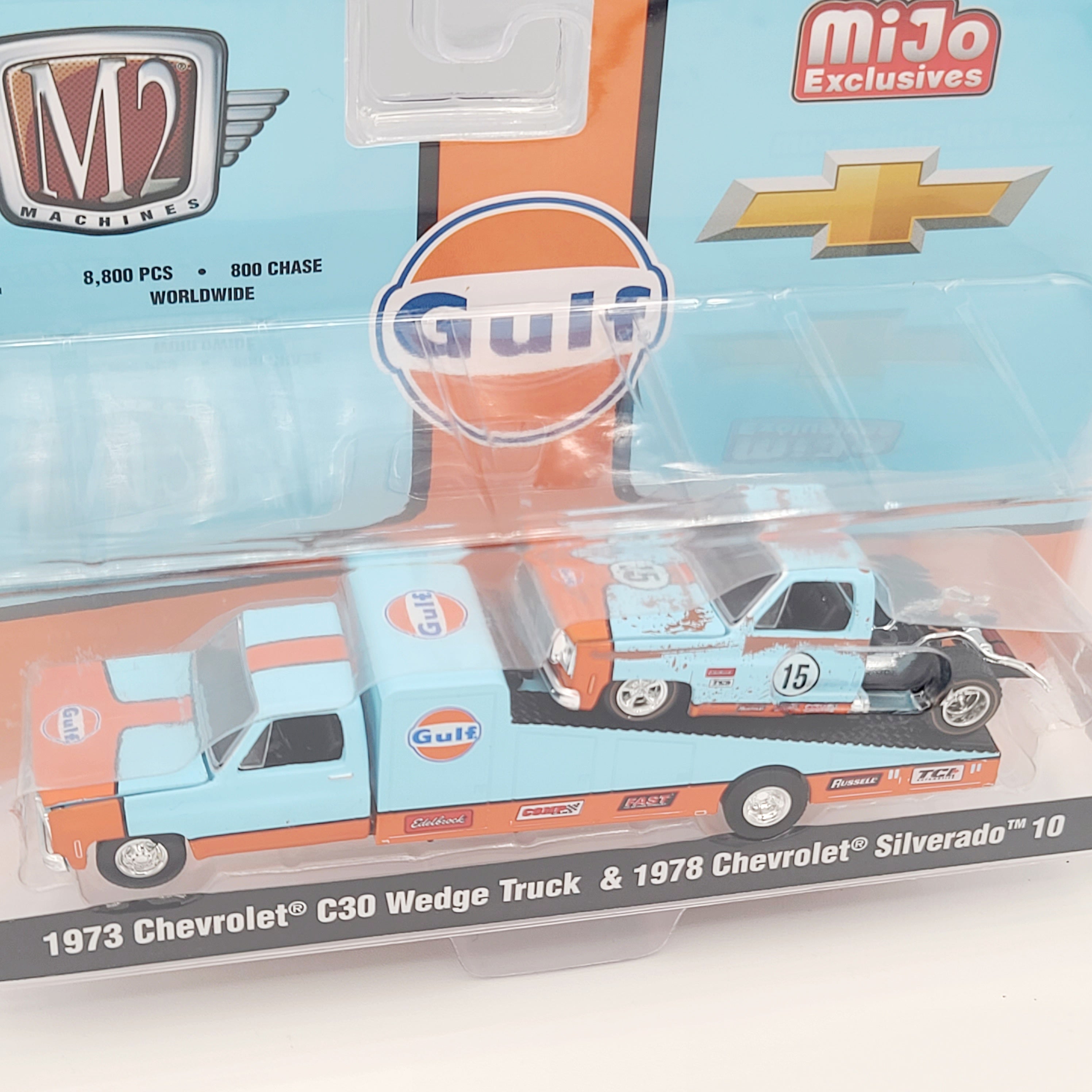 M2 Machines '73 Chevrolet C30 Wedge w/ '78 Chevrolet Silverado 10 - 1:64, Gulf Oil (2025 MiJo Exclusives - Limited Edition)